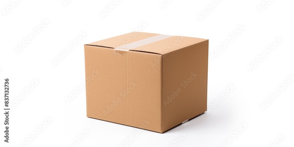 A cardboard box with a white background. The box is empty and has a white tape on it A cardboard box with a white background. The box is empty and has a white tape on it