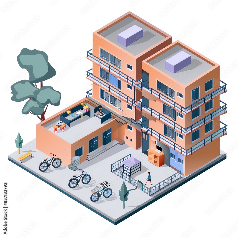 Isometric illustration of an apartment building with outdoor space and bicycles. Isometric illustration of an apartment building with outdoor space and bicycles.