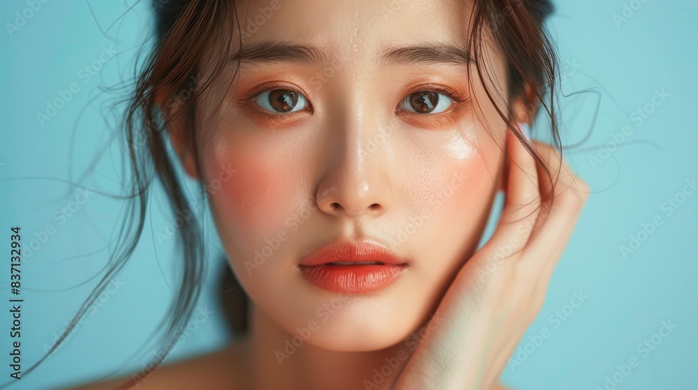 Asian woman with a flawless complexion, applying a beauty product to her face Asian woman with a flawless complexion, applying a beauty product to her face