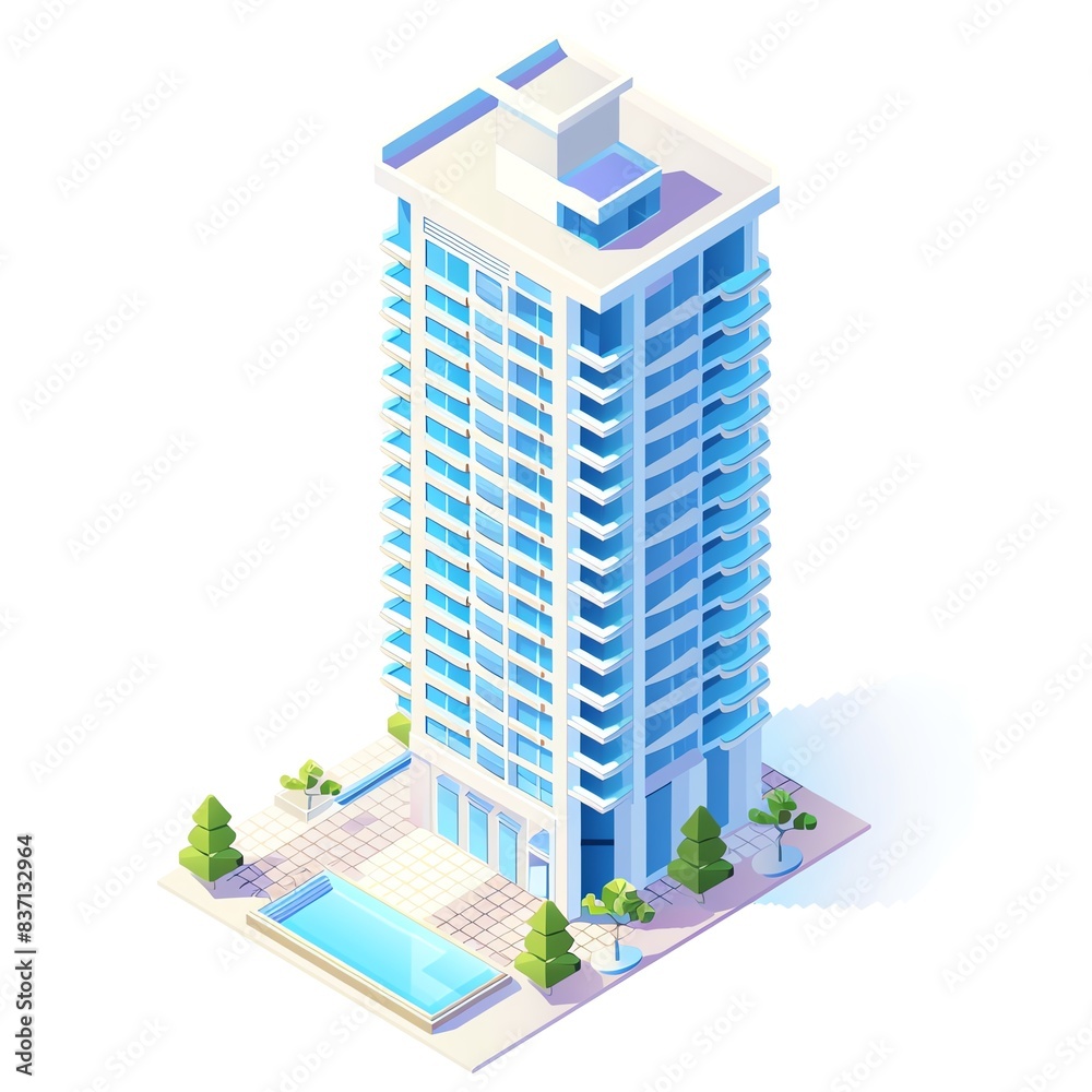 Isometric illustration of a modern high-rise building with a swimming pool. Isometric illustration of a modern high-rise building with a swimming pool.