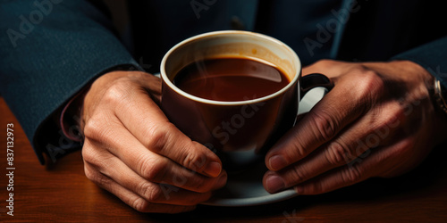 A man is holding a cup of coffee in his hands. The coffee is hot and steaming  and the man is wearing a suit. Concept of relaxation and comfort