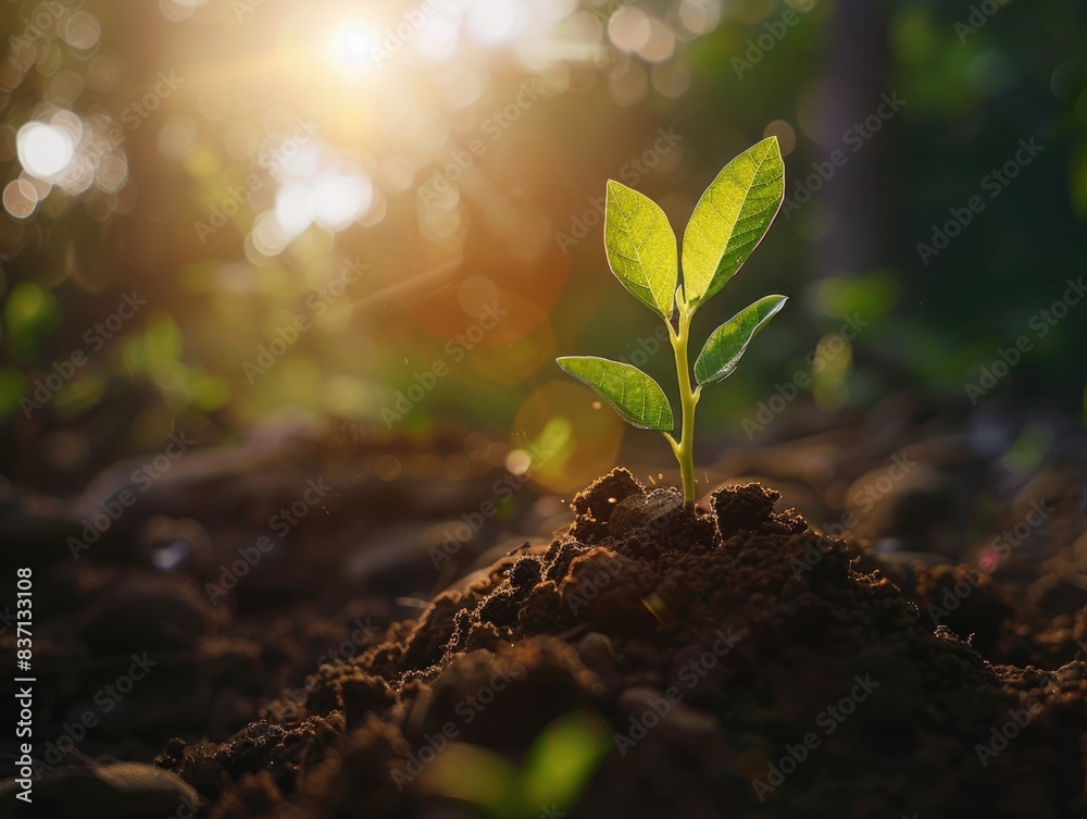 A small green plant is growing in the dirt. The plant is surrounded by dirt and leaves, and it is growing in the sun A small green plant is growing in the dirt. The plant is surrounded by dirt and leaves, and it is growing in the sun