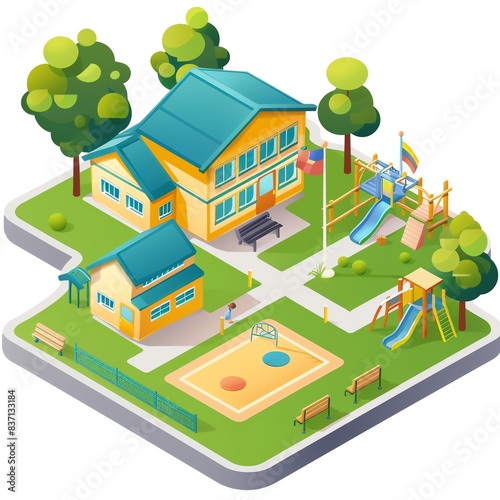 An isometric icon of an elementary school with a playground, a flagpole, and colorful classrooms Clean and bright design