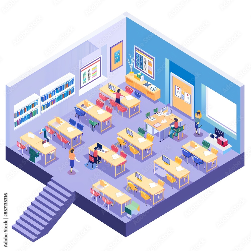 Isometric illustration of a modern school classroom with students and teacher. Isometric illustration of a modern school classroom with students and teacher.