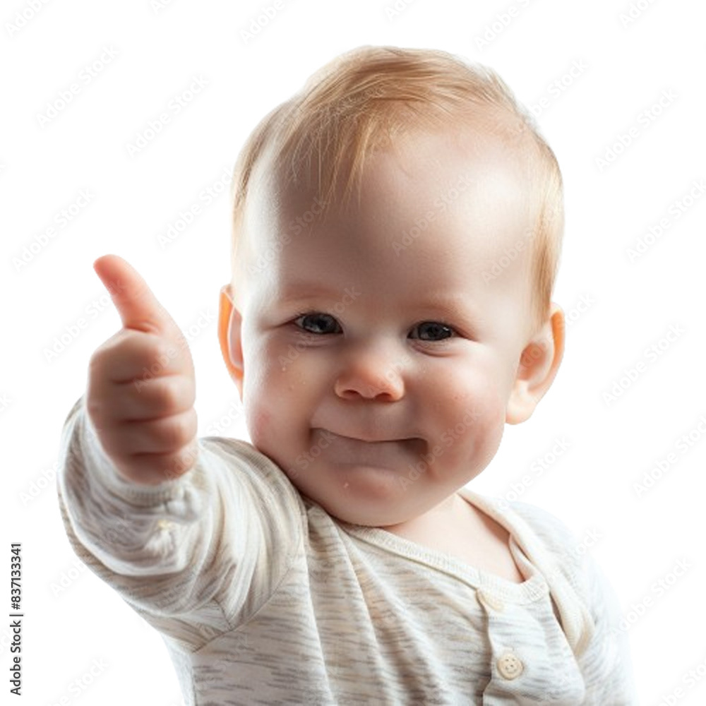 Cute baby giving thumbs up isolated on transparent background, png photo cutout Cute baby giving thumbs up isolated on transparent background, png photo cutout
