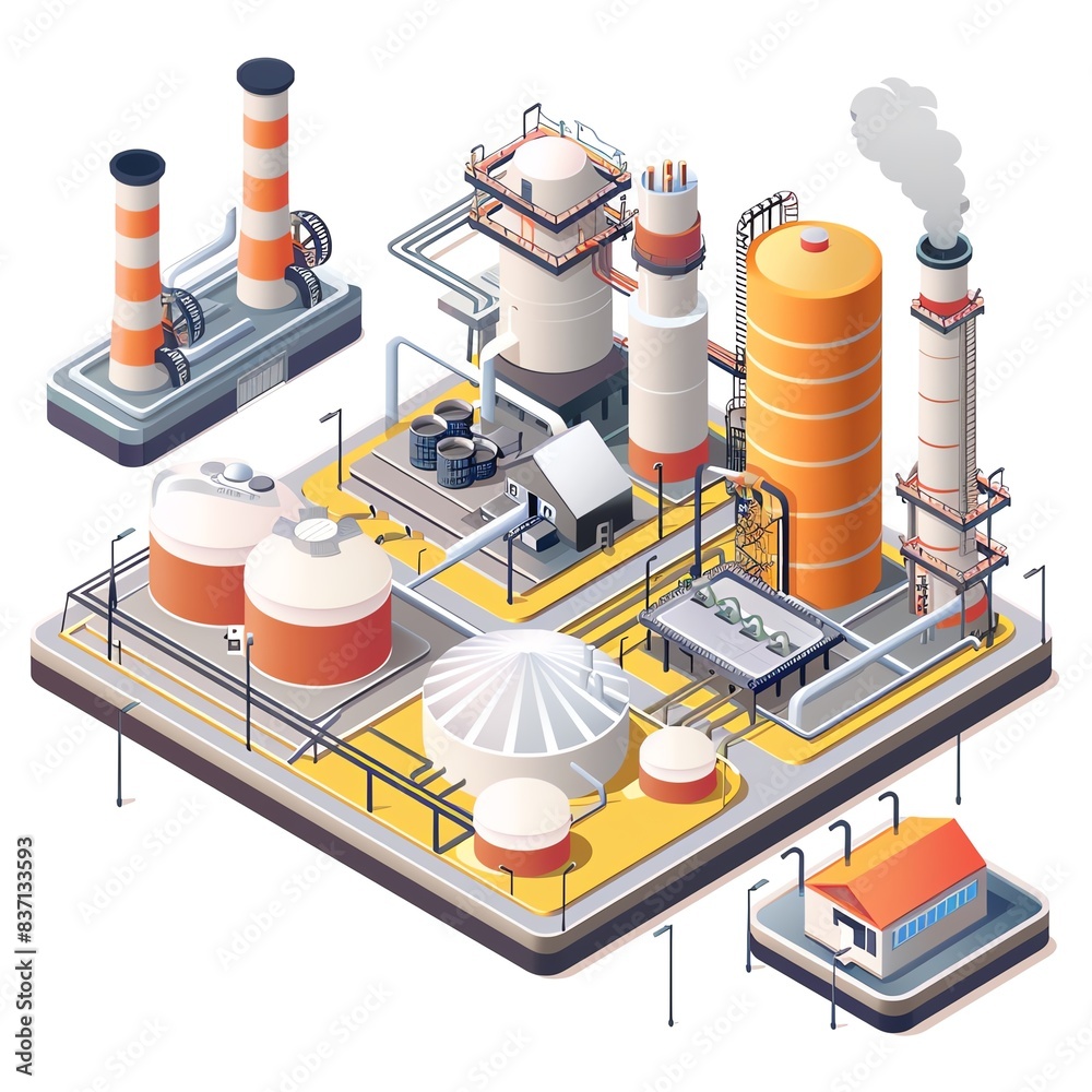 Isometric illustration of an industrial complex with tanks, pipes, and chimneys. Isometric illustration of an industrial complex with tanks, pipes, and chimneys.
