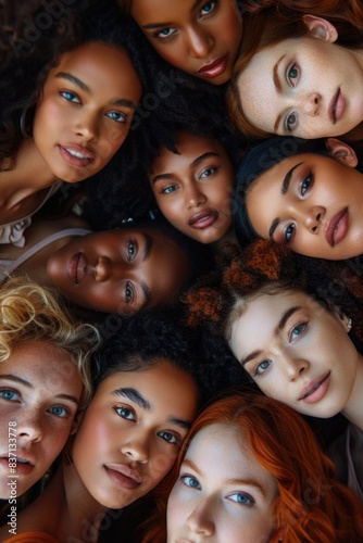 A group of women with different hair colors and styles are standing in a circle. Concept of unity and diversity among the women, as they come together to celebrate their individuality and beauty