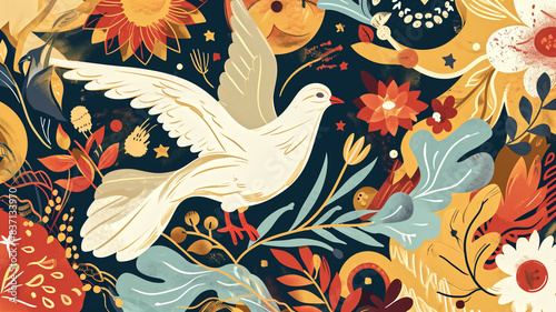 Illustration of a white dove amidst colorful flowers and foliage on a dark background. Peace and harmony concept for posters and prints