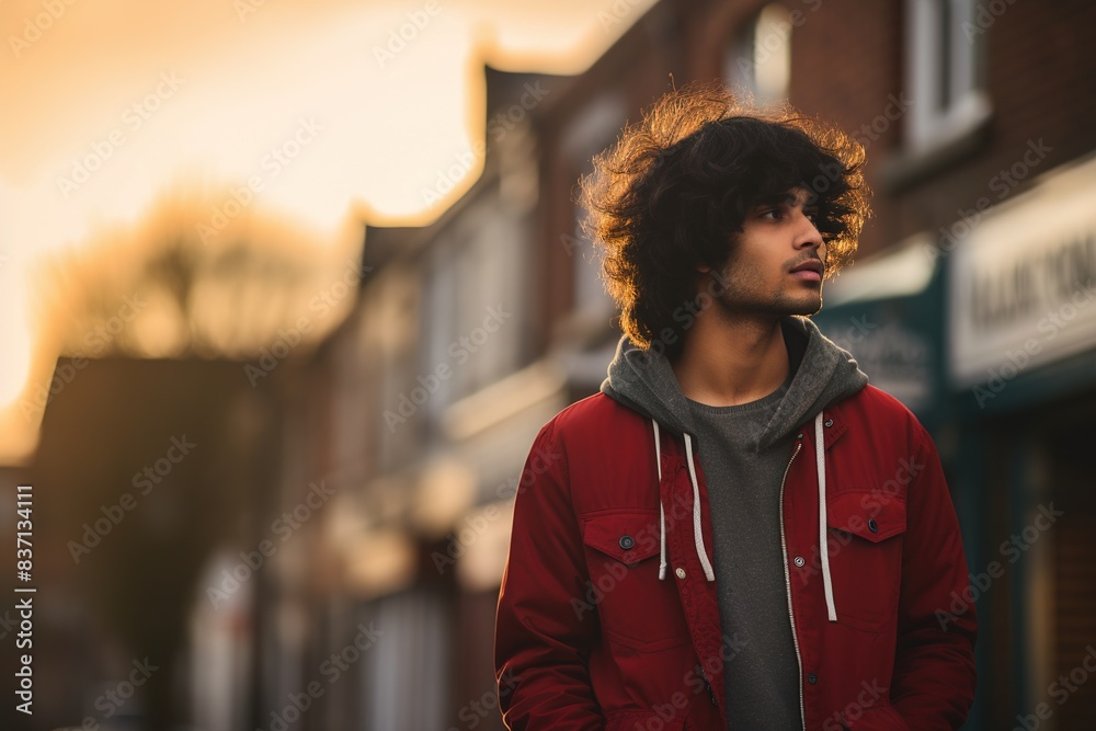 Fototapeta premium A man with curly hair is wearing a red jacket and a gray hoodie