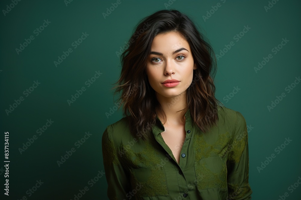 A woman with short hair and a green shirt is standing in front of a green wall
