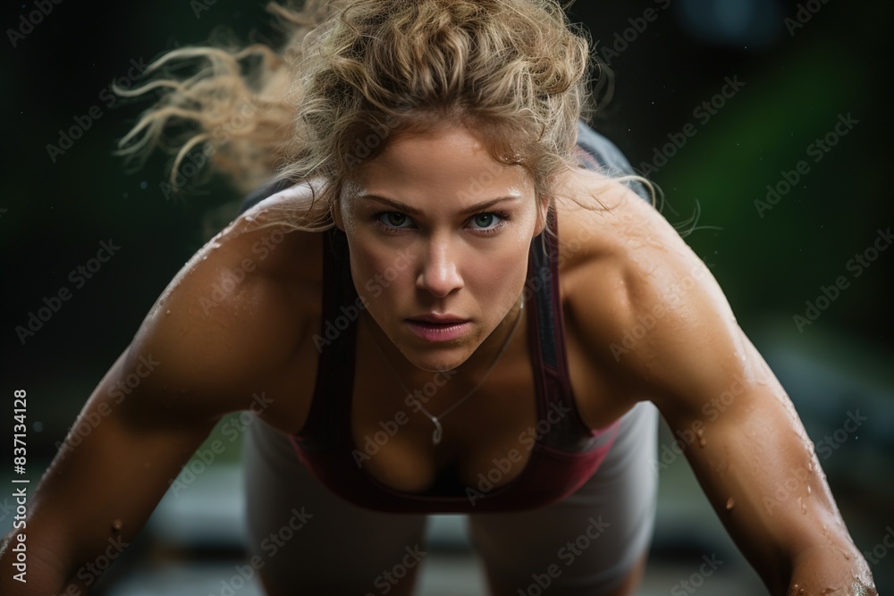 A woman is doing a push up with her arms spread wide