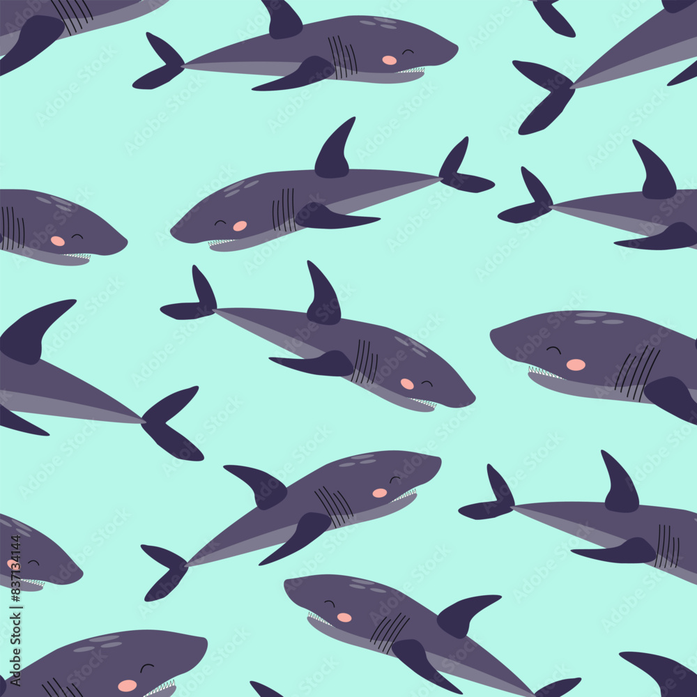 Seamless pattern of cartoon purple shark on a blue background. Vector illustration for children's wallpaper, textiles, packaging.