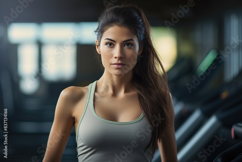 A woman is standing in a gym with a long ponytail and a tank top on Free Download A woman is standing in a gym with a long ponytail and a tank top on - GFXLoad