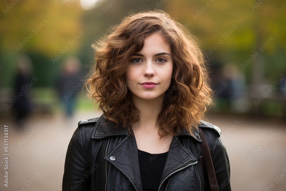 A woman with curly brown hair is wearing a black leather jacket A woman with curly brown hair is wearing a black leather jacket