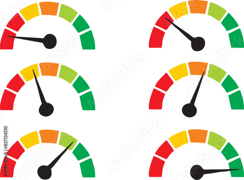 Speedometer different positions. Speed valuation icons, colored speedometer, tachometer signs, satisfaction barometer, fast speed signs and multi purpose performance measurement symbols. photo