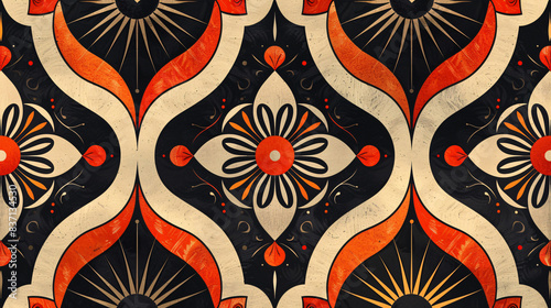 Modern textile design with a geometric pattern and traditional motifs
