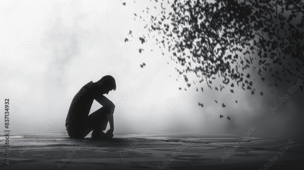 Disheartened individual reflected in the void of hopelessness and isolation. Disheartened individual reflected in the void of hopelessness and isolation.
