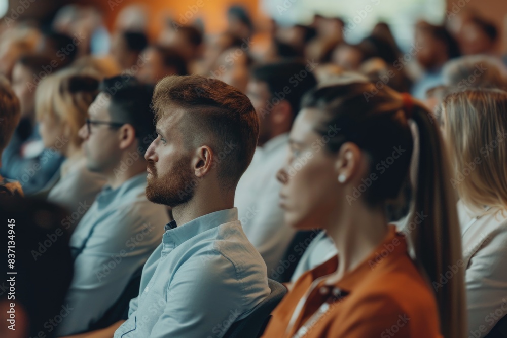Obraz premium A group of people are sitting in a room, some of them wearing glasses. Scene is one of concentration and focus, as the people are likely attending a lecture or presentation