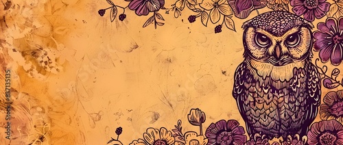 Whimsical Springtime Floral Owl Silhouette Frame Design with Blank Copy Space