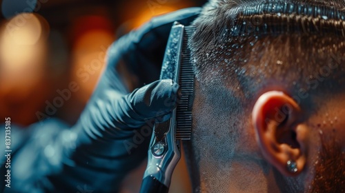 Close-up of a barber using precision clippers to create a detailed haircut photo