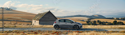 Family hybrid hatchback parked at countryside farm  with rustic barn and rolling hills in the background