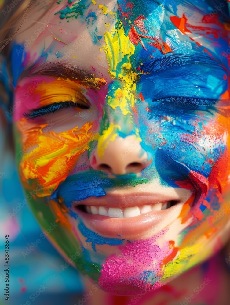 Spirited laughter dances amidst the colors adorning her joy-filled face.