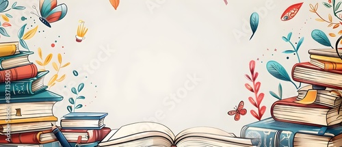 Vintage Bookish Motif Doodle Page Border Design with Blank Space for Message