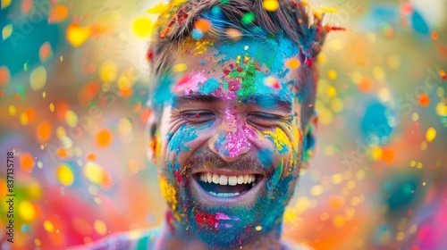 Close-up of a smiling man covered in colorful powder during a festival.
