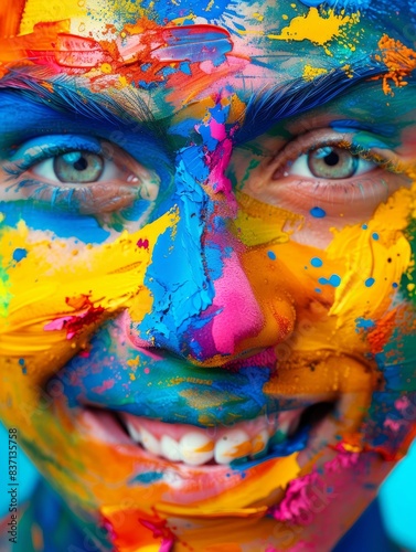 Happy child with vivid paint on her face and hands up.