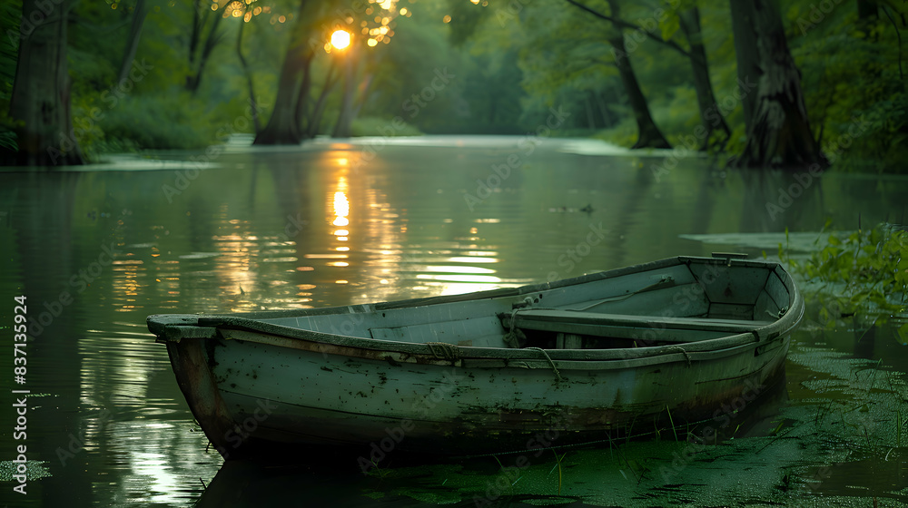A serene nature swamp scene with a small boat gently floating on the water, surrounded by dense vegetation A serene nature swamp scene with a small boat gently floating on the water, surrounded by dense vegetation