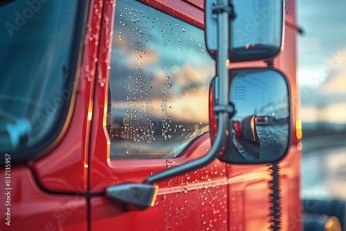 Close-up of red truck side mirror with raindrops. Capturing reflection and details in a vivid sunset background.