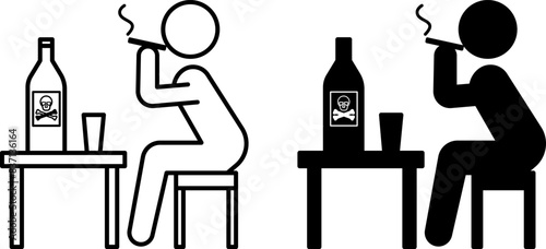 Unhealthy Lifestyle Icons. Black and White Vector Icons. Man Smoking a Cigarette and Drinking an Alcoholic Drink. Bad habits. Lifestyle Concept