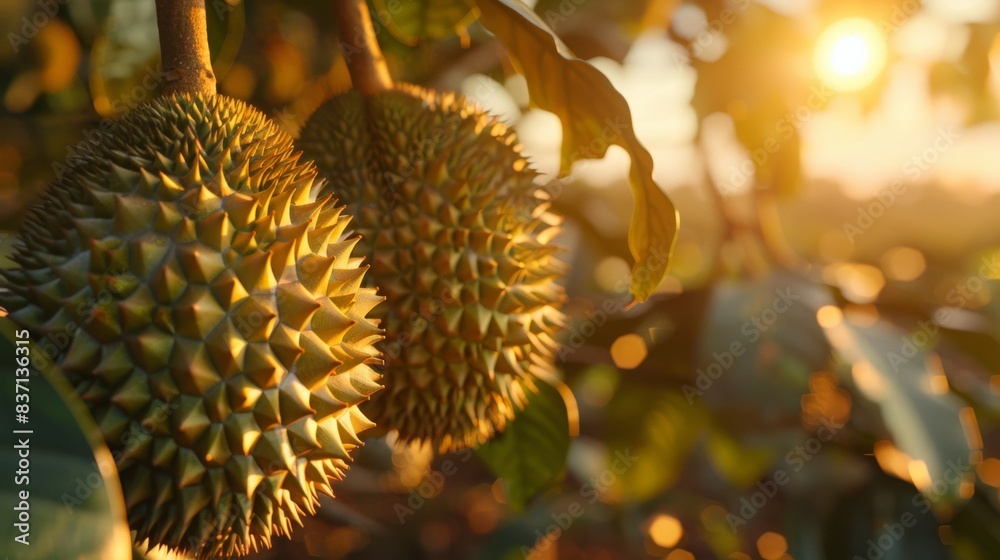 Close-up of a fresh durian in a orchard, ready for export Close-up of a fresh durian in a orchard, ready for export