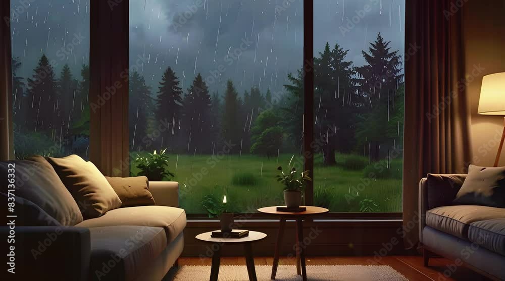 A cozy living room large window rain pouring outside, stream starting soon, overlay loop, animated virtual backgrounds, vtuber asset twitch zoom OBS, manga anime chill hip hop 4k Animation video