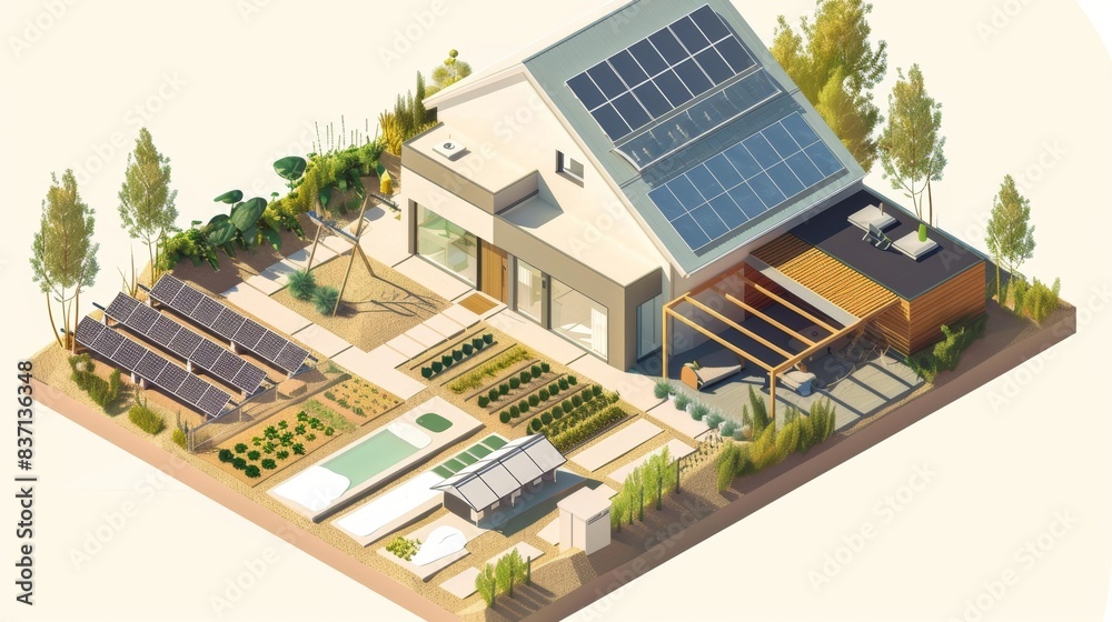 Illustration showcasing a compact and sustainable home with solar energy and rainwater collection. Illustration showcasing a compact and sustainable home with solar energy and rainwater collection.