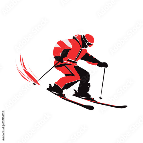 Vector illustration of a skier in action wearing a red suit and skiing downhill on a white background.