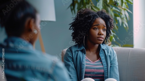 Two women are sitting on a couch, one of them looking sad. The other woman is trying to comfort her