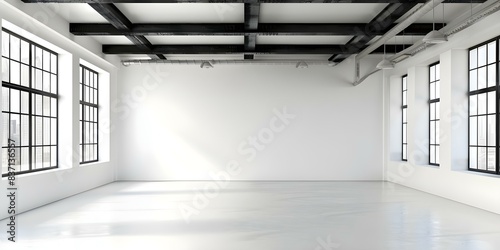 Empty white room with black ceiling beams windows and potential for various uses. Concept Interior Design, White Walls, Black Ceiling Beams, Versatile Space, Natural Light