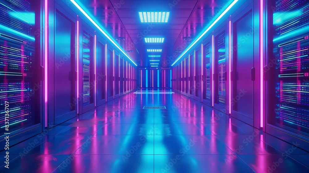 A futuristic server room with neon lights.  A long, narrow hallway with rows of servers.  The floor is reflective and the lights create a vibrant, colorful atmosphere.