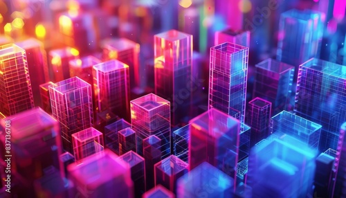 Colorful abstract futuristic cityscape with vibrant neon lights and transparent skyscrapers, representing modern urban architecture.