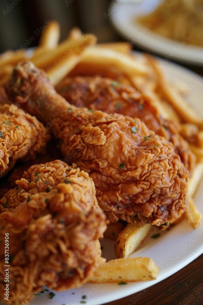 A plate of fried chicken and french fries. The chicken is crispy and golden brown, and the fries are golden and crispy as well. The plate is set on a wooden table A plate of fried chicken and french fries. The chicken is crispy and golden brown, and the fries are golden and crispy as well. The plate is set on a wooden table