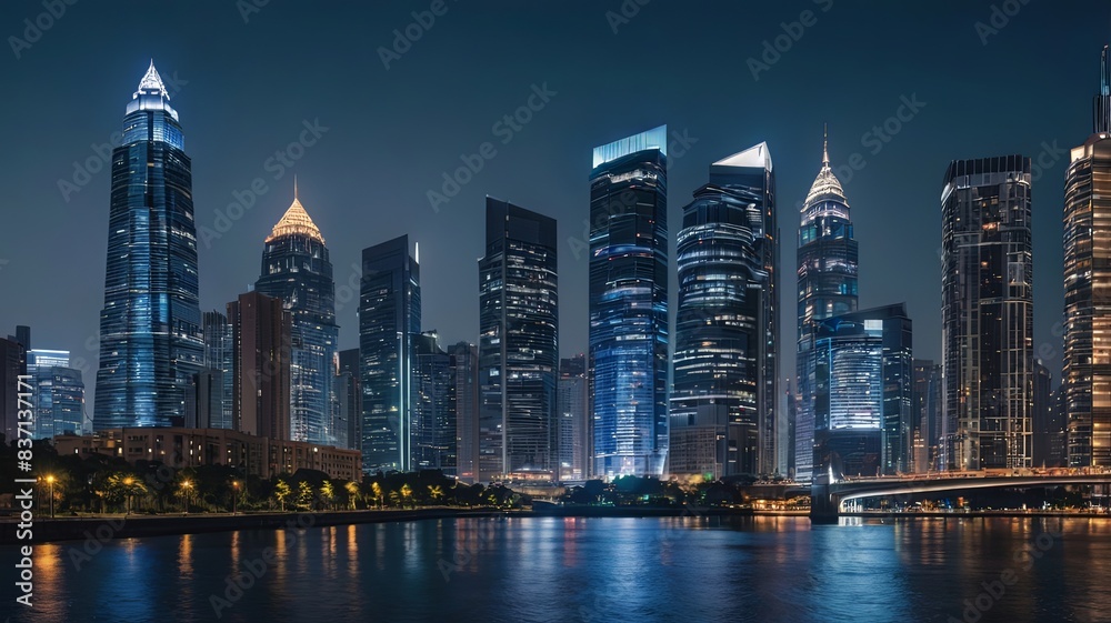 Fototapeta premium Aerial view of peaceful cityscape before sunrise. Smart city and abstract dot point connect with gradient line and aesthetic Intricate wave line design , big data connection technology concept .