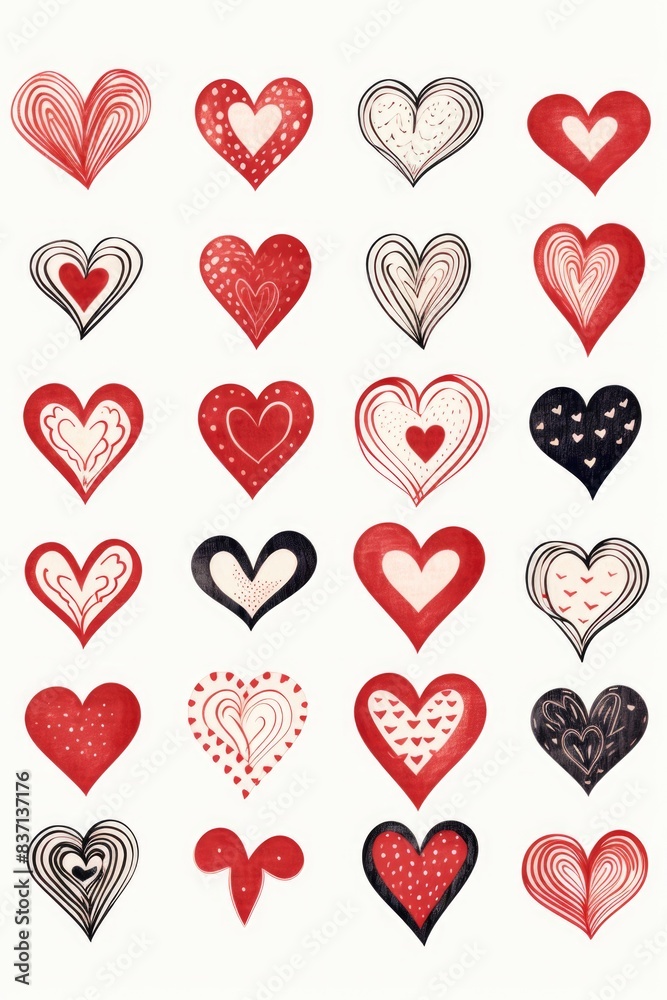 A collection of hearts in various sizes and colors. The hearts are arranged in a grid, with some overlapping each other. Scene is one of love and affection A collection of hearts in various sizes and colors. The hearts are arranged in a grid, with some overlapping each other. Scene is one of love and affection