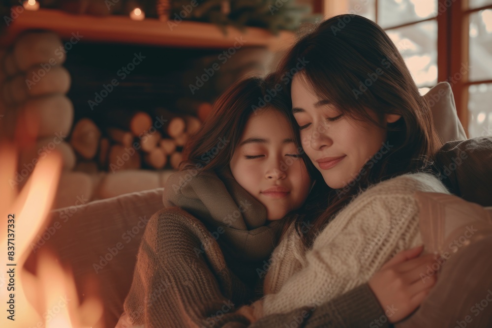 Two women are hugging each other in a living room. The room is warm and cozy, with a fireplace in the background. The women are wearing warm clothing, and they seem to be enjoying each other's company Two women are hugging each other in a living room. The room is warm and cozy, with a fireplace in the background. The women are wearing warm clothing, and they seem to be enjoying each other's company