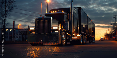 A large black semi truck is driving down a street at night. The truck is surrounded by a bright light that illuminates the road and the truck. Scene is one of excitement and adventure