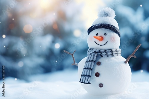 A snowman with a scarf and hat is smiling. The image has a cheerful and festive mood, as it captures the joy of winter and the fun of building a snowman © vefimov