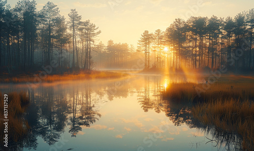 Misty morning on the lake. A serene morning scene of the marsh