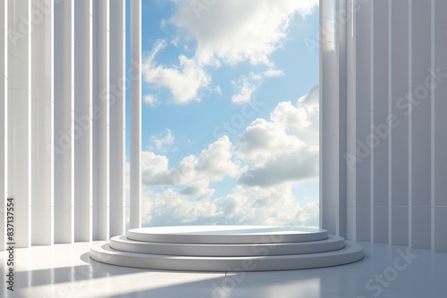White pillars product booth under blue sky and white clouds