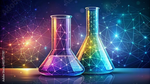 Colorful Scientific Laboratory Glassware with Abstract Network Connections and Glowing Lights in a Wireframe Futuristic Digital Background