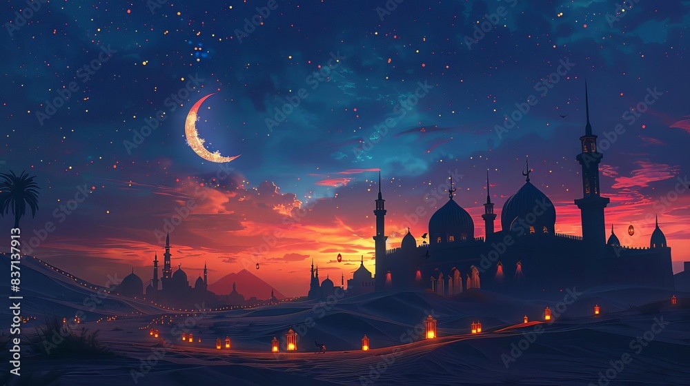 Naklejka premium Stunning sunset with crescent moon illuminating a majestic mosque silhouette, surrounded by glowing lanterns in a serene desert landscape.